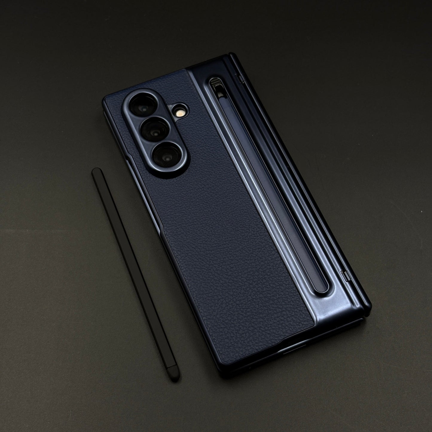 Hinge Leather Texture & Camera Protection Case With Pen Side ( With Front Glass )