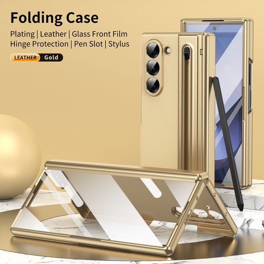 Hinge Leather Texture & Camera Protection Case With Pen Side ( With Front Glass )
